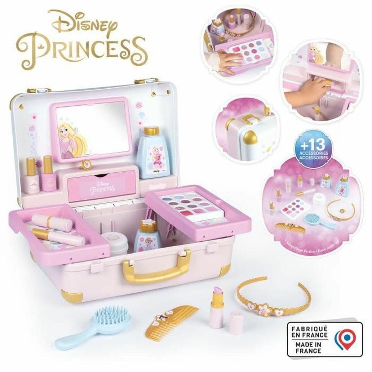 Öppen ljusrosa resväska med Disney Princess-tema, fylld med leksakssmink, nagellack, en spegel och tillbehör som kam, borste och ett halsband.