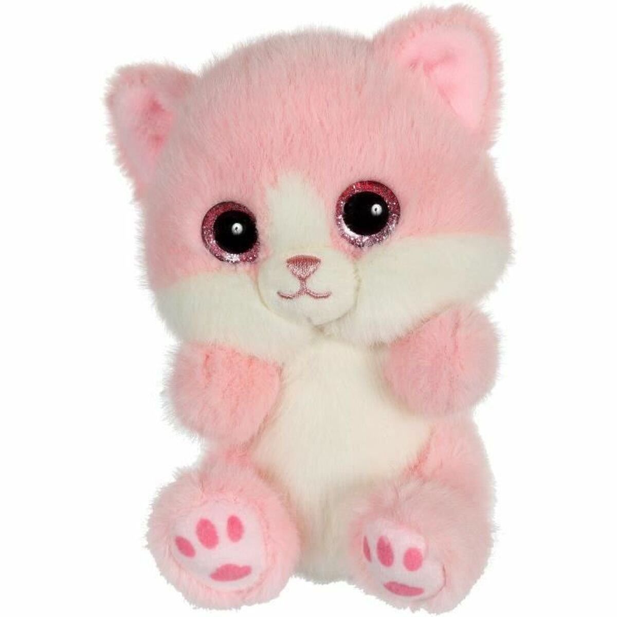En mjuk och fluffig rosa leksaksbjörn med stora, glittriga ögon sitter framför en vit bakgrund.