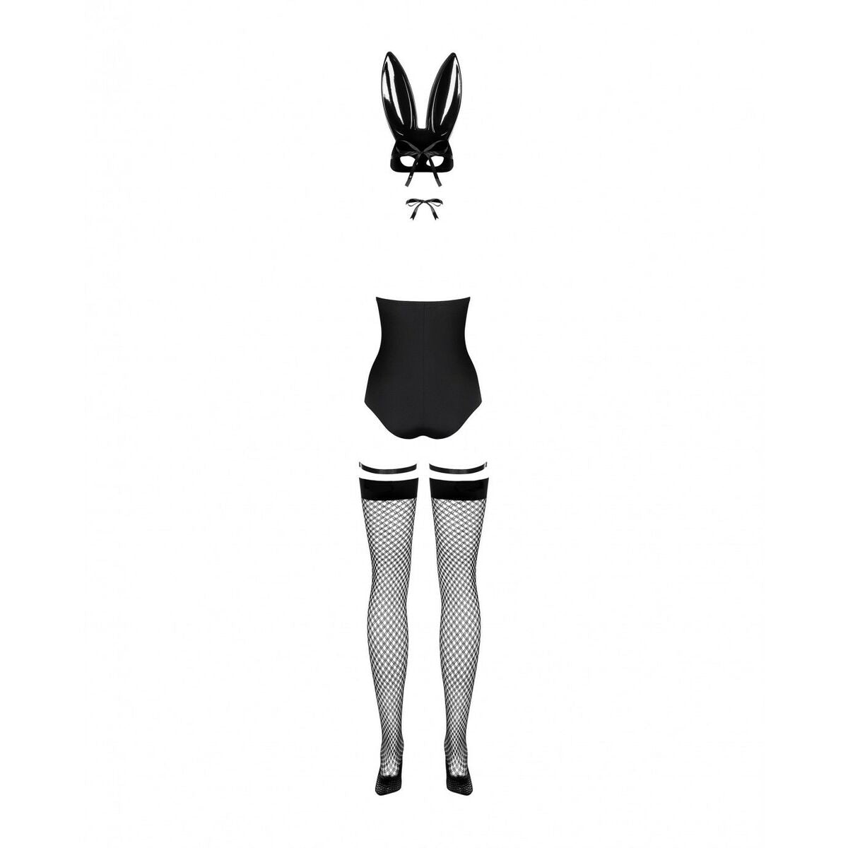 baksidan som visar alla delar i bunny-kitet: svart body, öronmask, fluga, strumphållare och nätstrumpor.