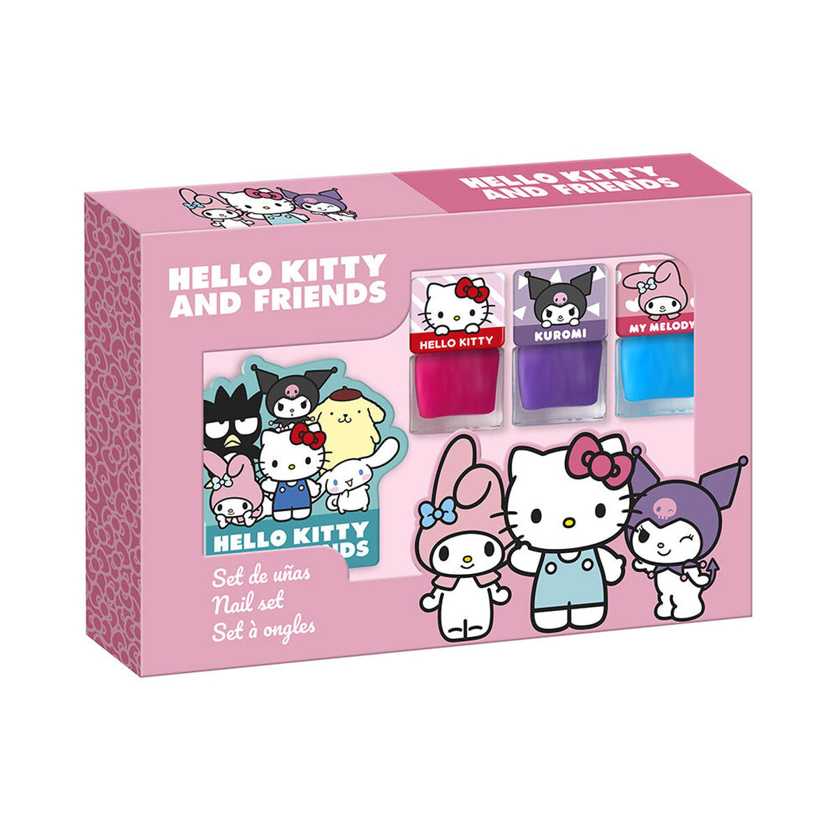 En låda med ett Hello Kitty nageldesignset som innehåller tre flaskor nagellack i färgerna rosa, lila och blå.