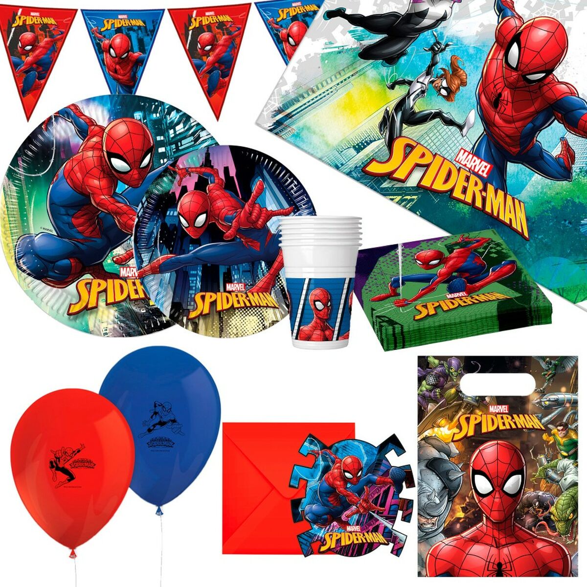 Ett komplett set med 66 delar med Spider-Man-tema, inklusive tallrikar, muggar, servetter, ballonger, flaggbanderoll och en presentpåse.