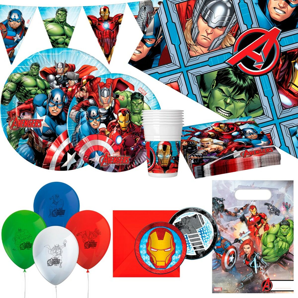 En stor samling Avengers-tema festartiklar som inkluderar tallrikar, servetter, muggar, ballonger, bordsduk och flaggbanderoll med karaktärer som Captain America, Iron Man, Hulk och Thor.
