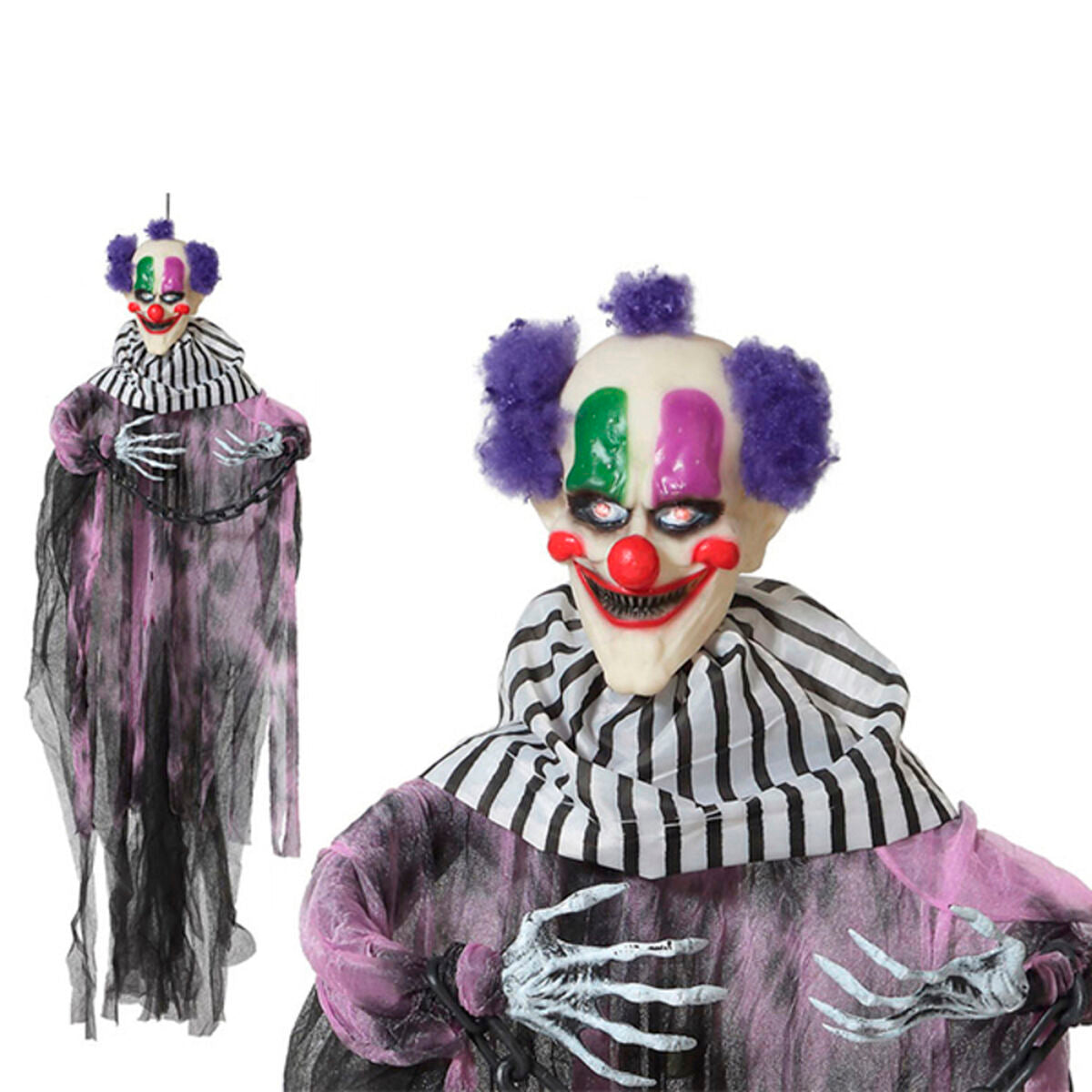 En skräckinjagande hängande clown med lila och svart tyg, vita skeletthänder och en kedja.