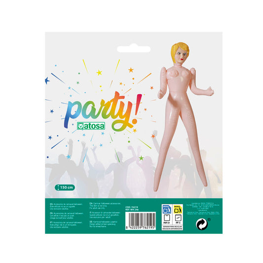En uppblåsbar docka i naturlig hudfärg med blont hår, cirka 150 cm hög, förpackad i en festlig påse med texten 'party!'.