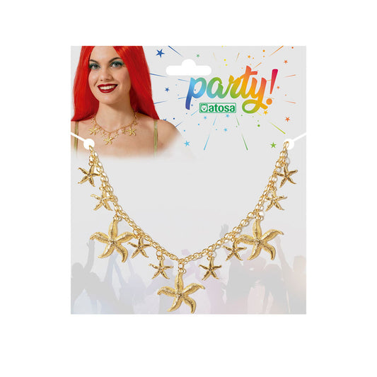 En kvinna med rött hår bär ett gyllene halsband med hängande sjöstjärnor, paketerat med Party-logotypen.