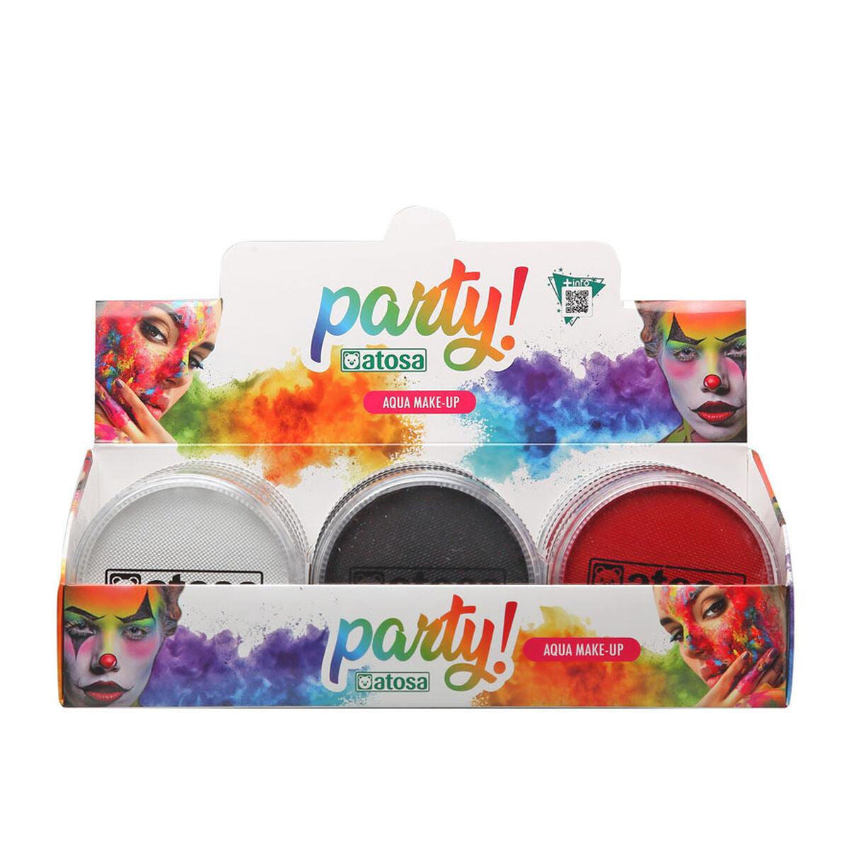 En displayförpackning med tre sorters vattenbaserad ansiktsfärg i färgerna vit, svart och röd, märkt 'party! atosa'.