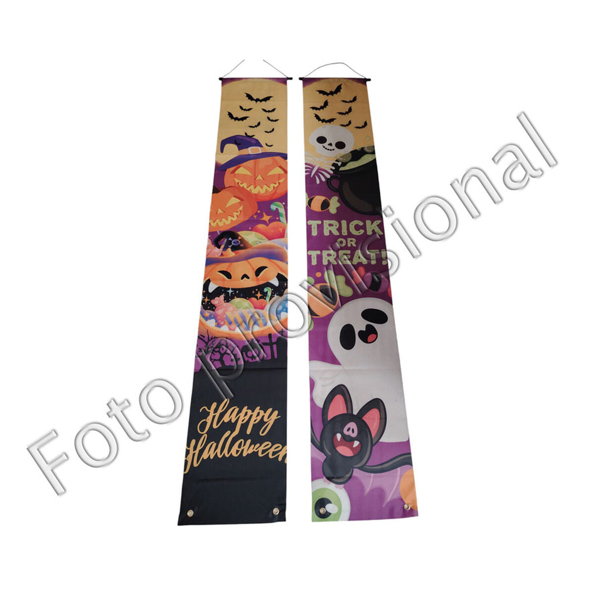 Två hängande halloweenbanners, den ena med motiv av pumpor och texten 'Happy Halloween', den andra med spöken, fladdermöss och texten 'Trick or Treat'.
