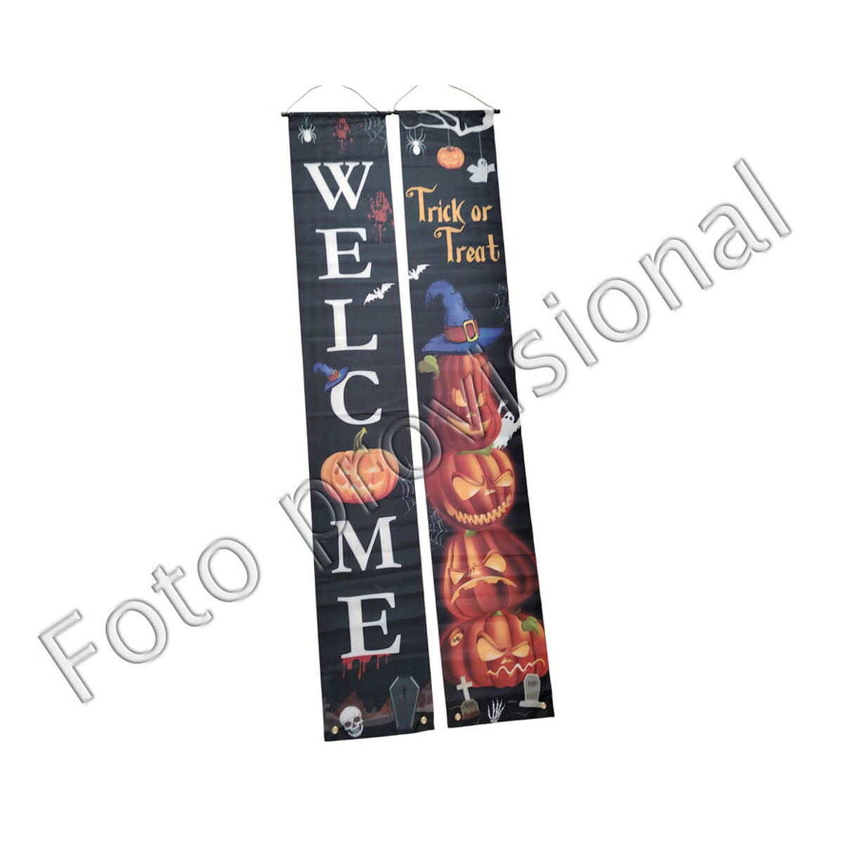 Två svarta vertikala Halloween-banners. Vänster banner stavar 'WELCOME' med stora vita bokstäver och har en ensam pumpa. Höger banner visar staplade, grinande, lysande pumpor, varav den översta bär en blå häxhatt, texten 'Trick or Treat', spindlar och spöken.