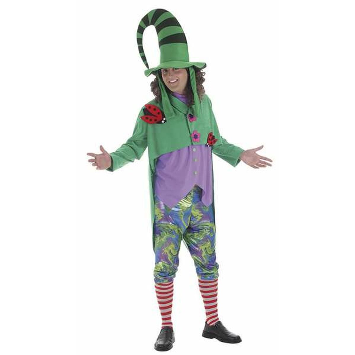 En person i en grön och lila maskeraddräkt med en lång, böjd randig hatt, psykedeliska byxor och randiga strumpor.