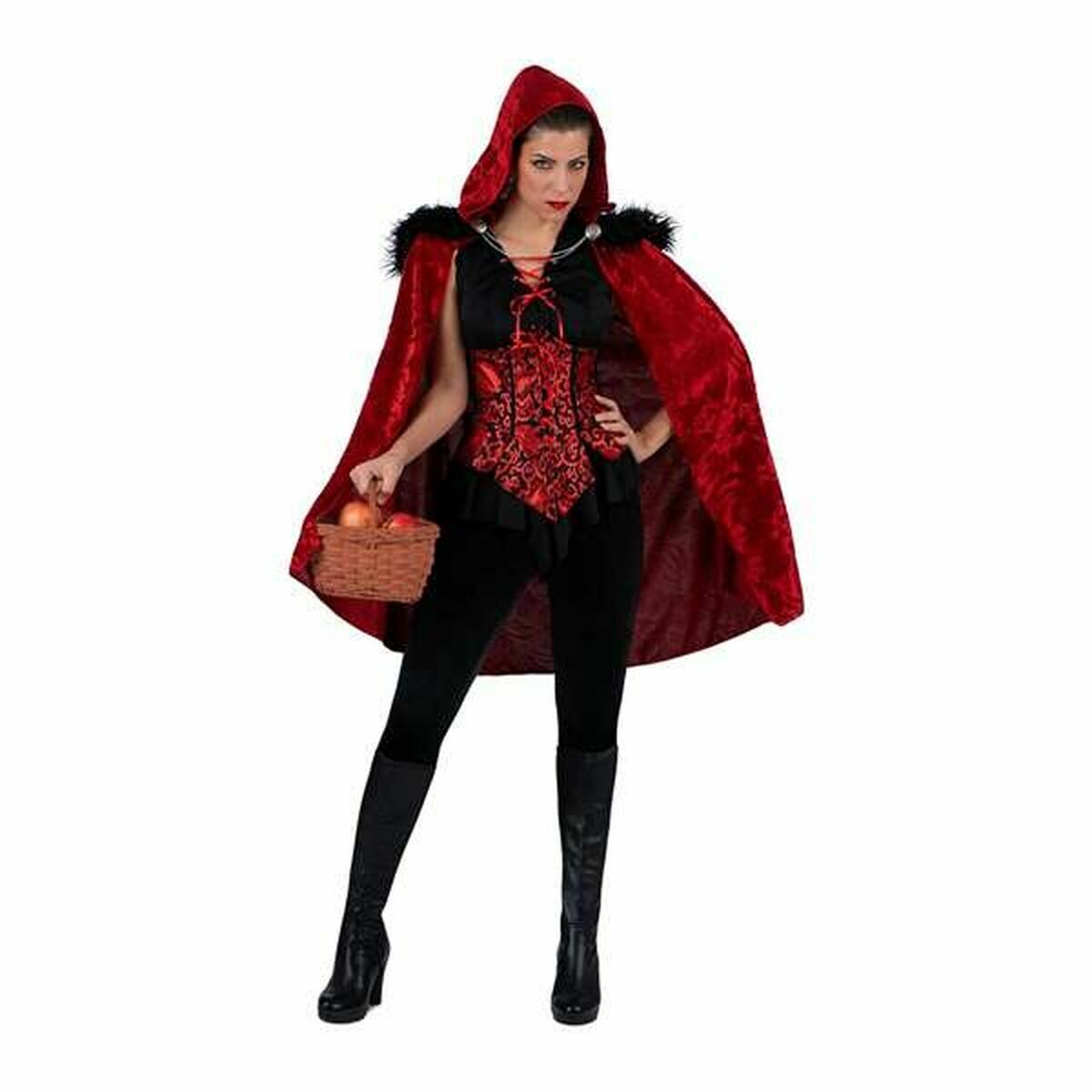 En kvinna i en vuxenmaskeraddräkt som föreställer en mörk och modern Rödluvan, med röd huva, svart och röd korsett, svarta tights och håller i en liten korg.