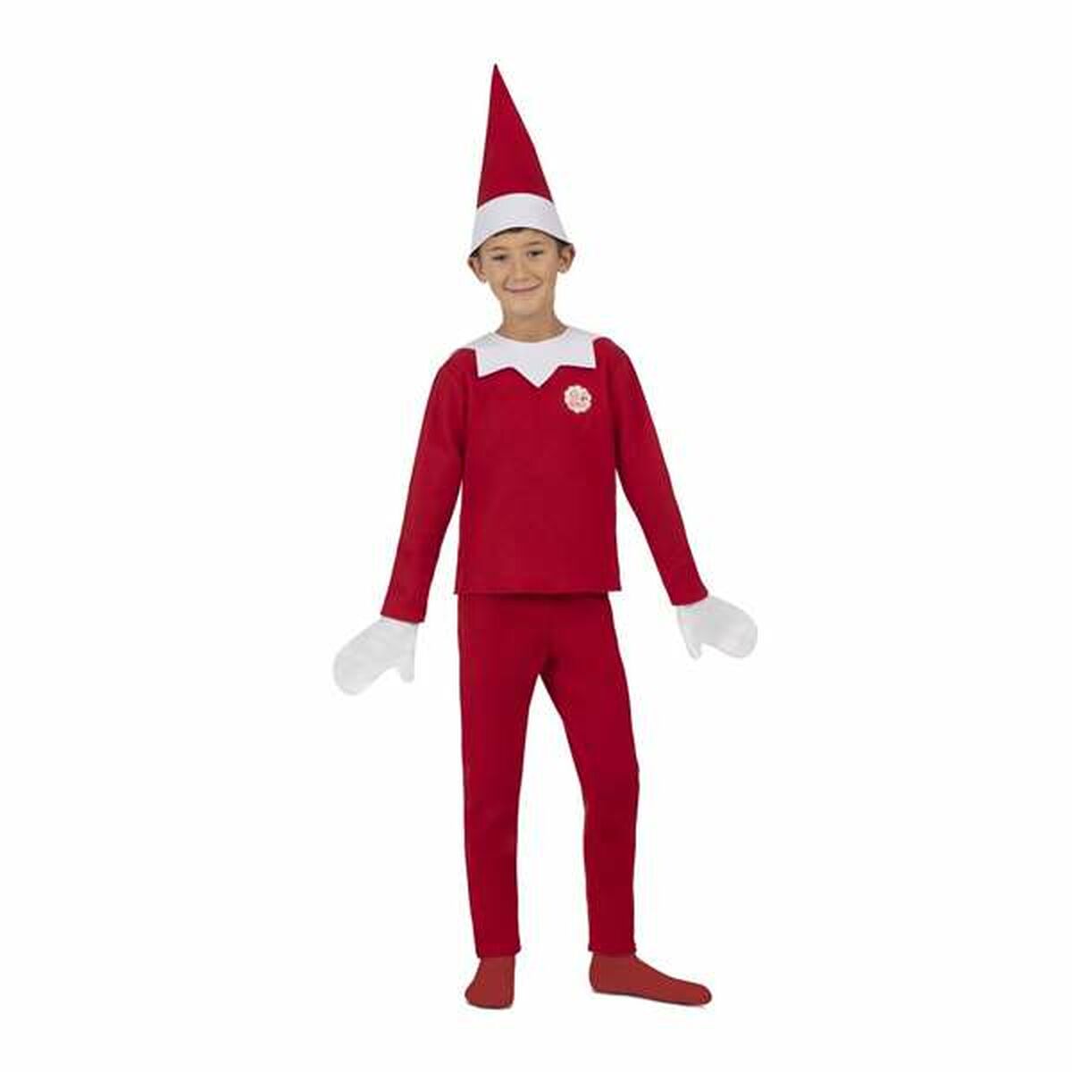 Ett barn i en komplett röd Scout Elf-maskeraddräkt, komplett med spetsig tomteluva, matchande tröja och byxor, vita vantar och röda sockor.