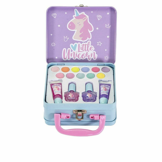 Ett ljusblått sminkset i form av en resväska med lila lock. Locket har en bild på en tecknad enhörning och texten 'Little Unicorn'. Insidan är fylld med nagellack, läppglans och paletter med ögonskugga.