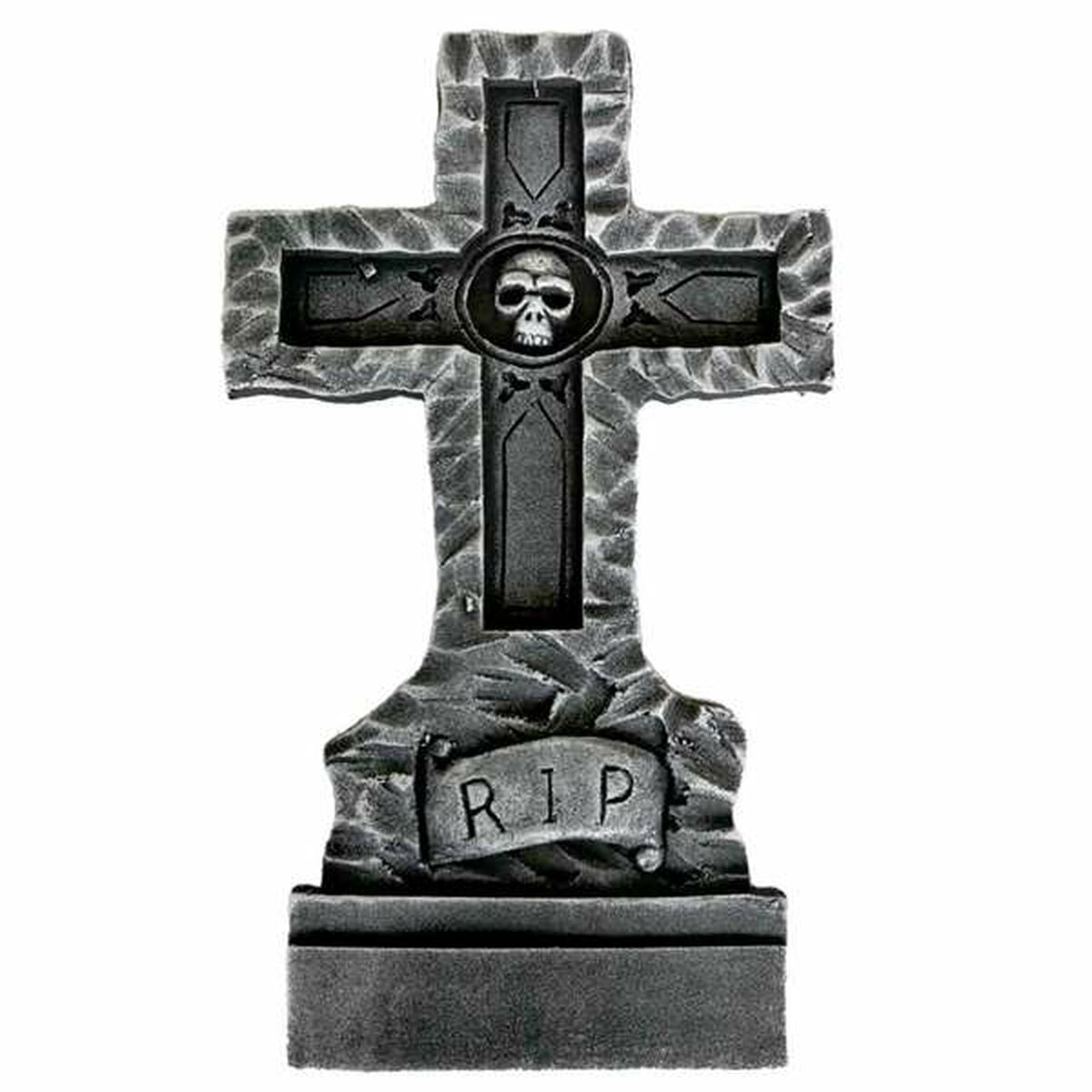 En skräckinjagande gravsten i korsform med en dödskalle i mitten och texten "RIP" på ett band.