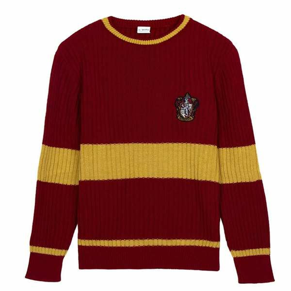 En röd och gul randig stickad herrtröja i Harry Potter-stil med ett Gryffindor-emblem broderat på bröstet.