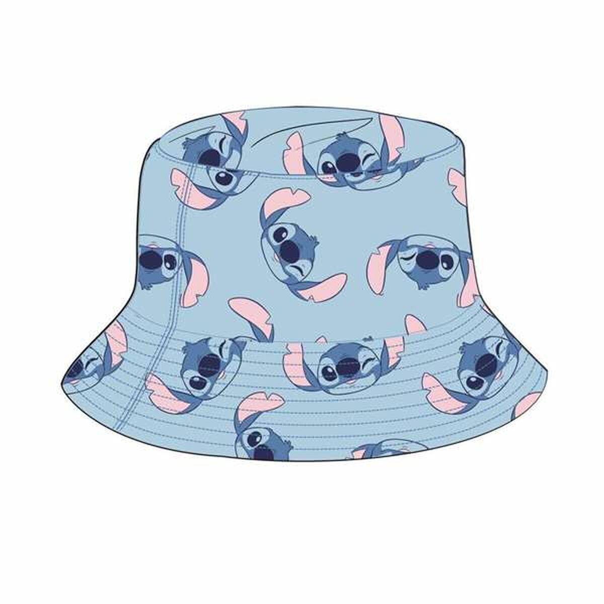 En ljusblå bucket hat täckt med ett mönster av den blå Disney-figuren Stitch som ler och vinkar.