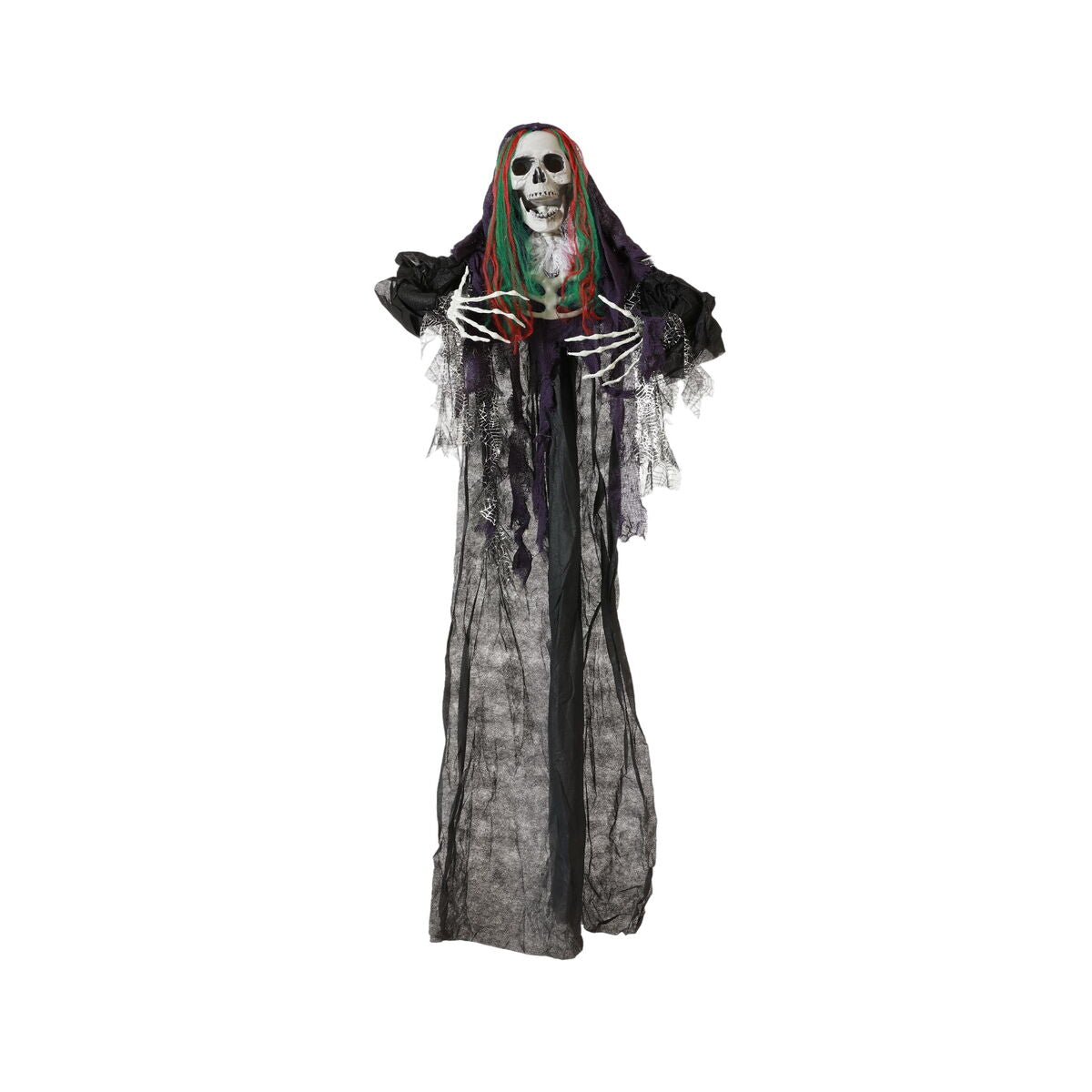 En stor hängande halloweendekoration föreställande ett skelett med intensiv blick, färgglatt rött och grönt hår och långa, svarta, trasiga tygstycken.