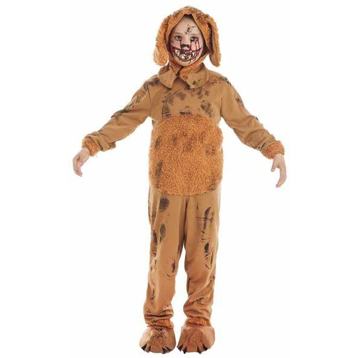 Ett barn bär en brun zombie hundmaskeraddräkt med huvudet uppe och en lurvig mage.