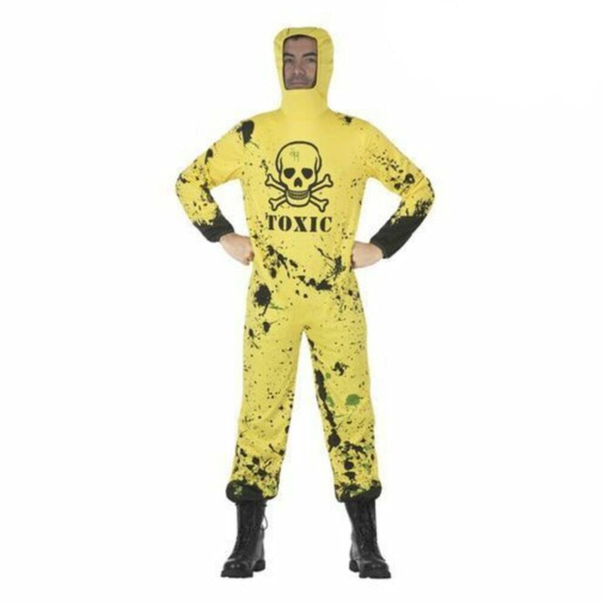 Vuxen i gul hazmatdräkt med "TOXIC"-tryck och dödskallemotiv.