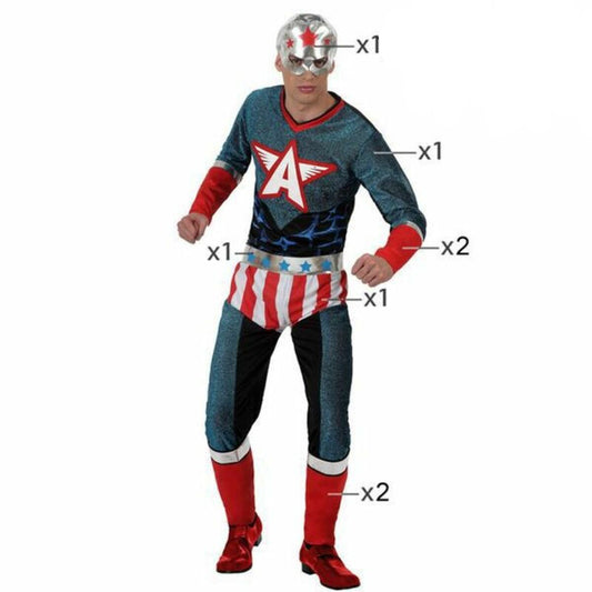 Man i amerikansk superhjältedräkt med mask och stjärntryck.