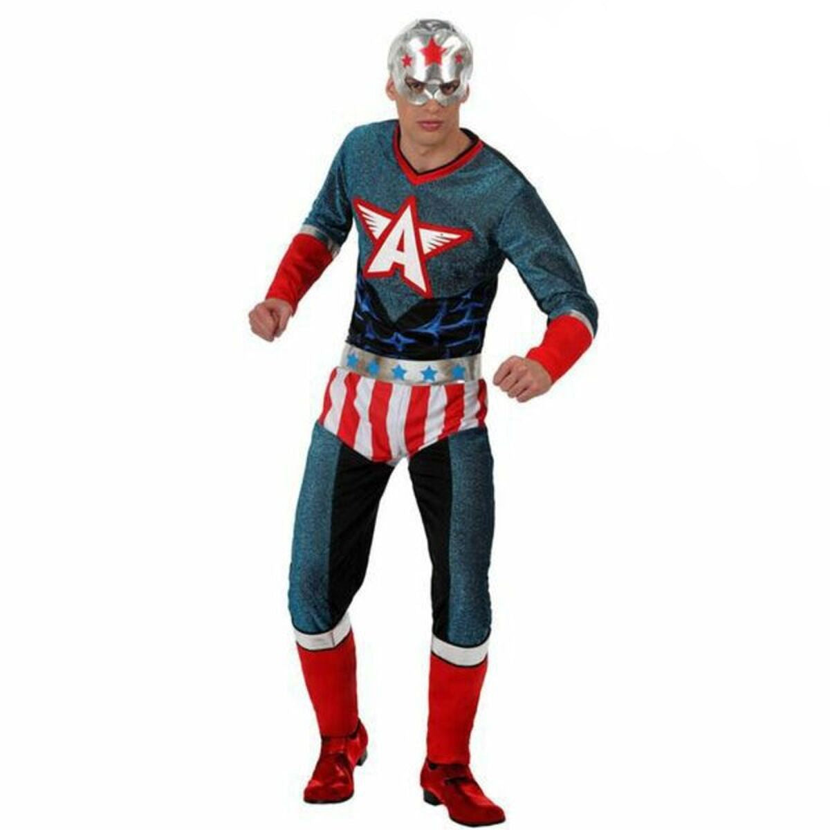 Man i amerikansk superhjältedräkt med mask och stjärntryck.