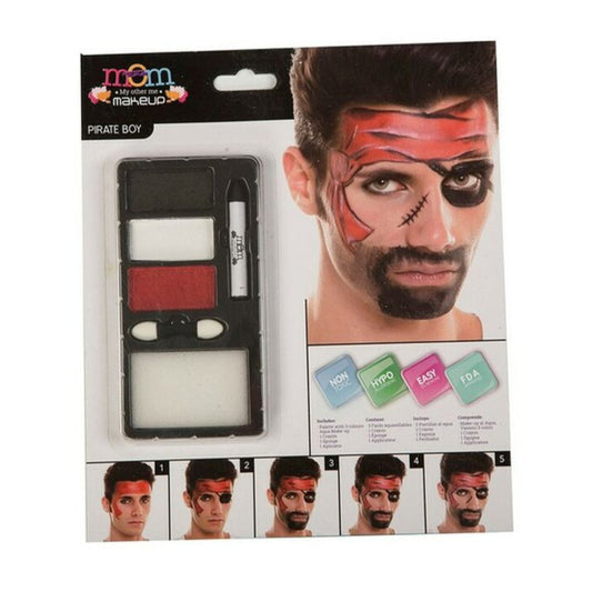 En förpackning med ett halloweensmink-set för pirater, som visar en man med en komplett och tuff pirat-ansiktsmålning och en steg-för-steg-guide.