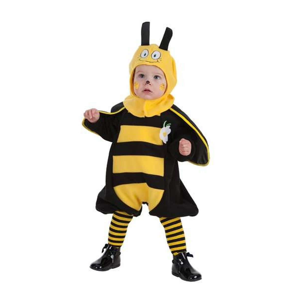 Bebis utklädd i en svart och gul bi-dräkt med huva, randiga ben och en blomma på bröstet, perfekt för maskerad för barn 0–12 månader.