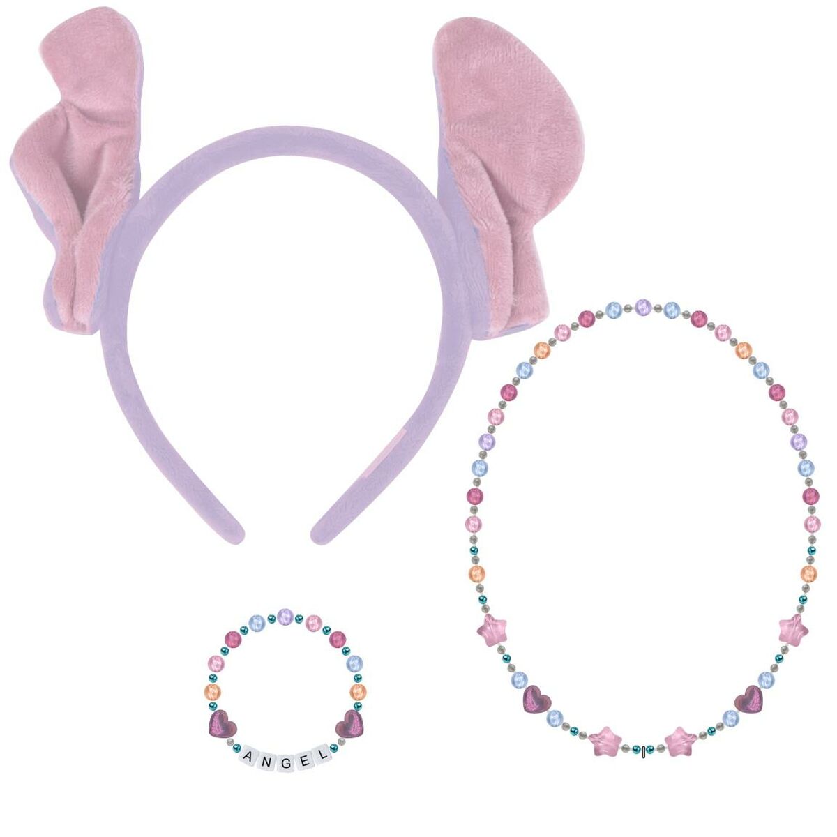 Ett officiellt Disney-accessoarset för att klä ut sig till Angel från Lilo & Stitch, som innehåller ett diadem med rosa öron, ett pärlhalsband och ett pärlarmband.