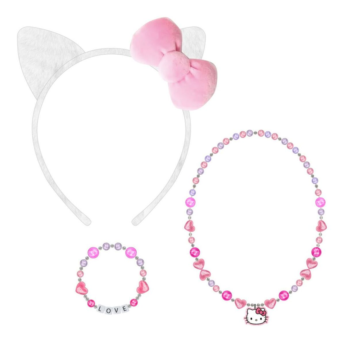 Ett officiellt Hello Kitty accessoarset för barn som innehåller ett diadem med vita kattöron och rosa rosett, ett pärlhalsband och ett pärlarmband.
