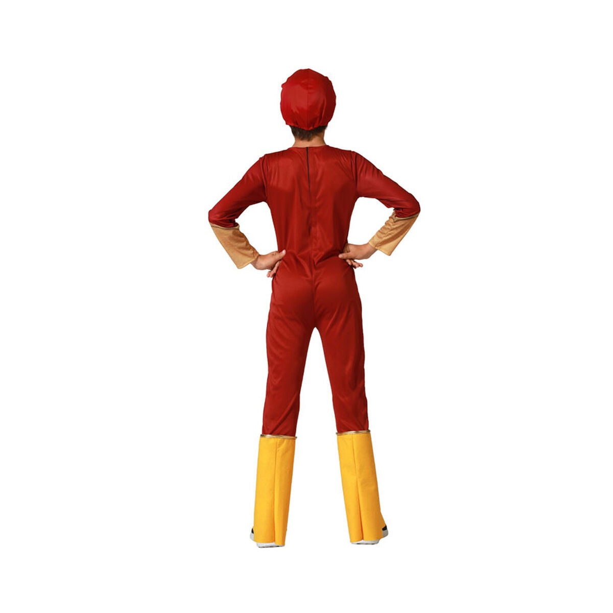 En pojke sedd bakifrån, som visar baksidan av den röda superhjälte-jumpsuiten.