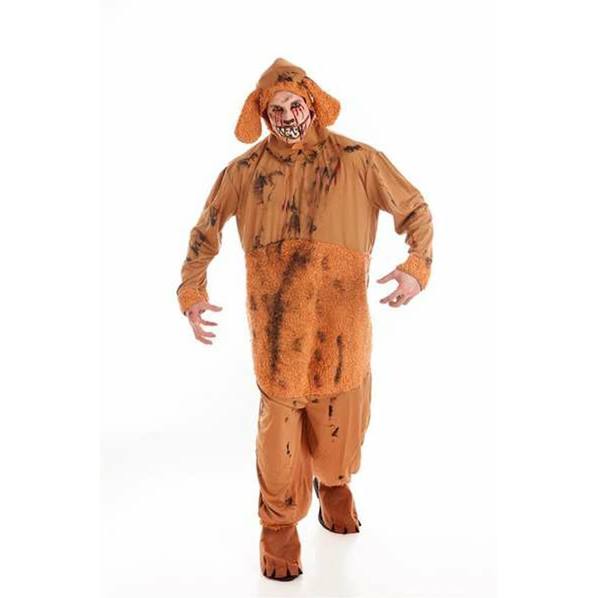En man med ett skräckinjagande uttryck och blodigt smink poserar i en komplett, blodig och smutsig hund-jumpsuit.