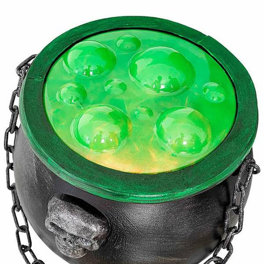 Kittel med lysande grön vätska och bubblor i olika storlekar. Inbyggt ljus gör att den ser ut att koka – perfekt för halloween.