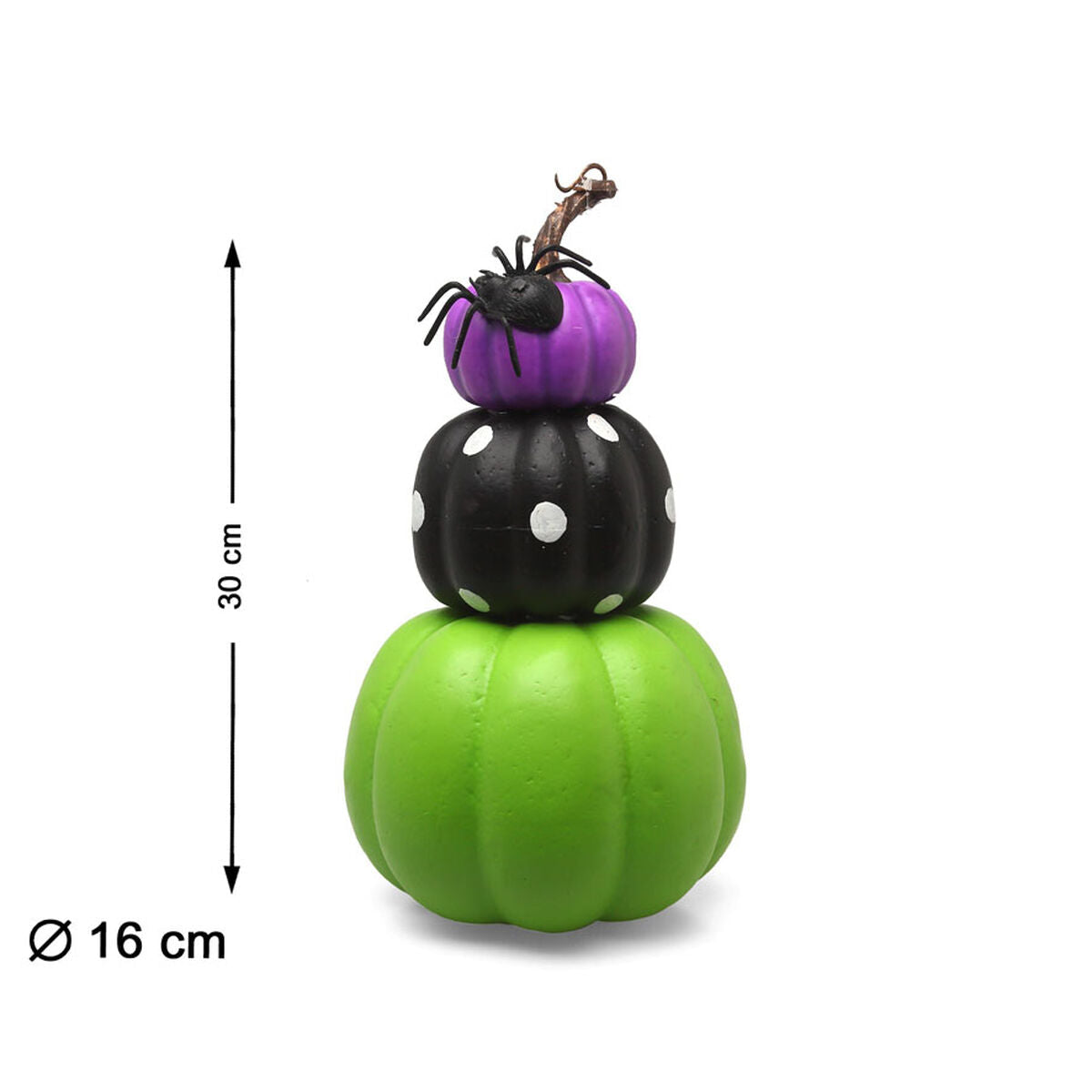 En charmig totem av tre staplade pumpor i grönt, svart och lila, som visar dess mått på 30 cm x 16 cm.