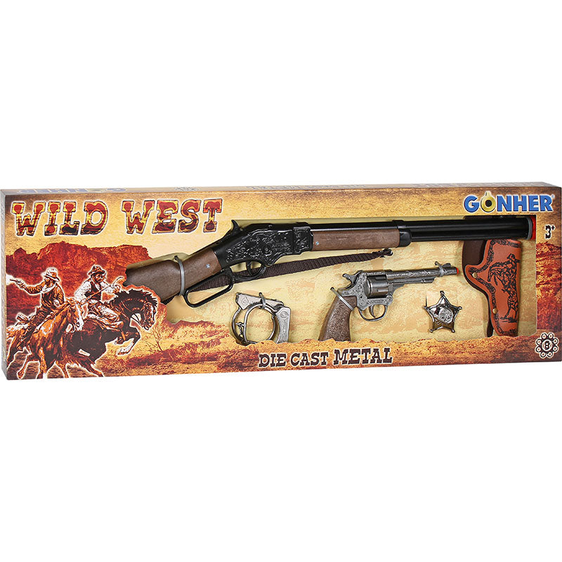 Ett komplett vilda västern lekset med gevär, pistol, hölster, handklovar och stjärna, presenterat i sin "Wild West" tematiserade kartongförpackning.