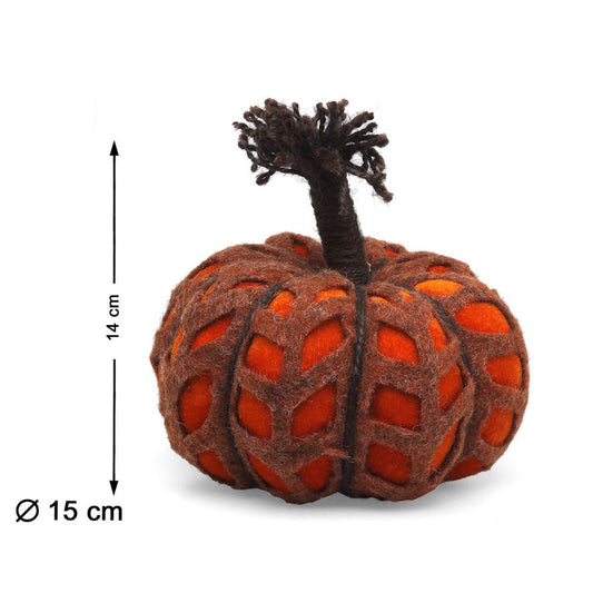 Den orangea och bruna filtpumpan visas med pilar som indikerar en höjd på 14 cm och en diameter på 15 cm.