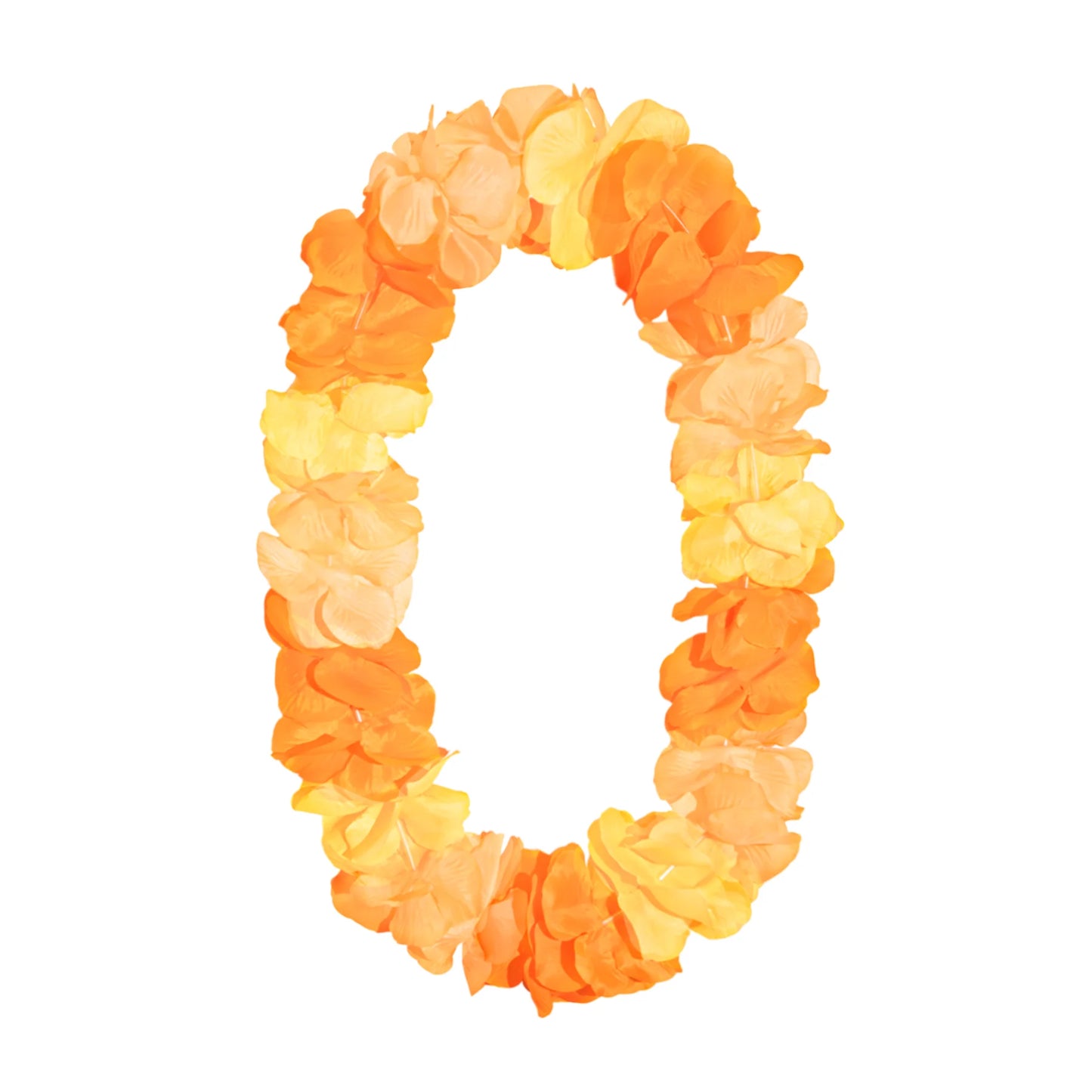 En deluxe hawaiikrans lei med stora tygblommor i orange, aprikos och gult hänger i oval form mot vit bakgrund.