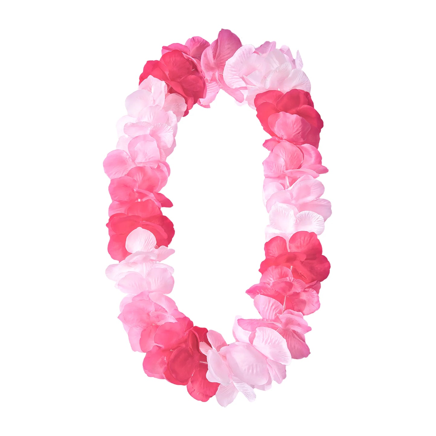 En deluxe hawaiikrans lei med stora tygblommor i rosa, ljusrosa och vitt hänger i oval form mot vit bakgrund.