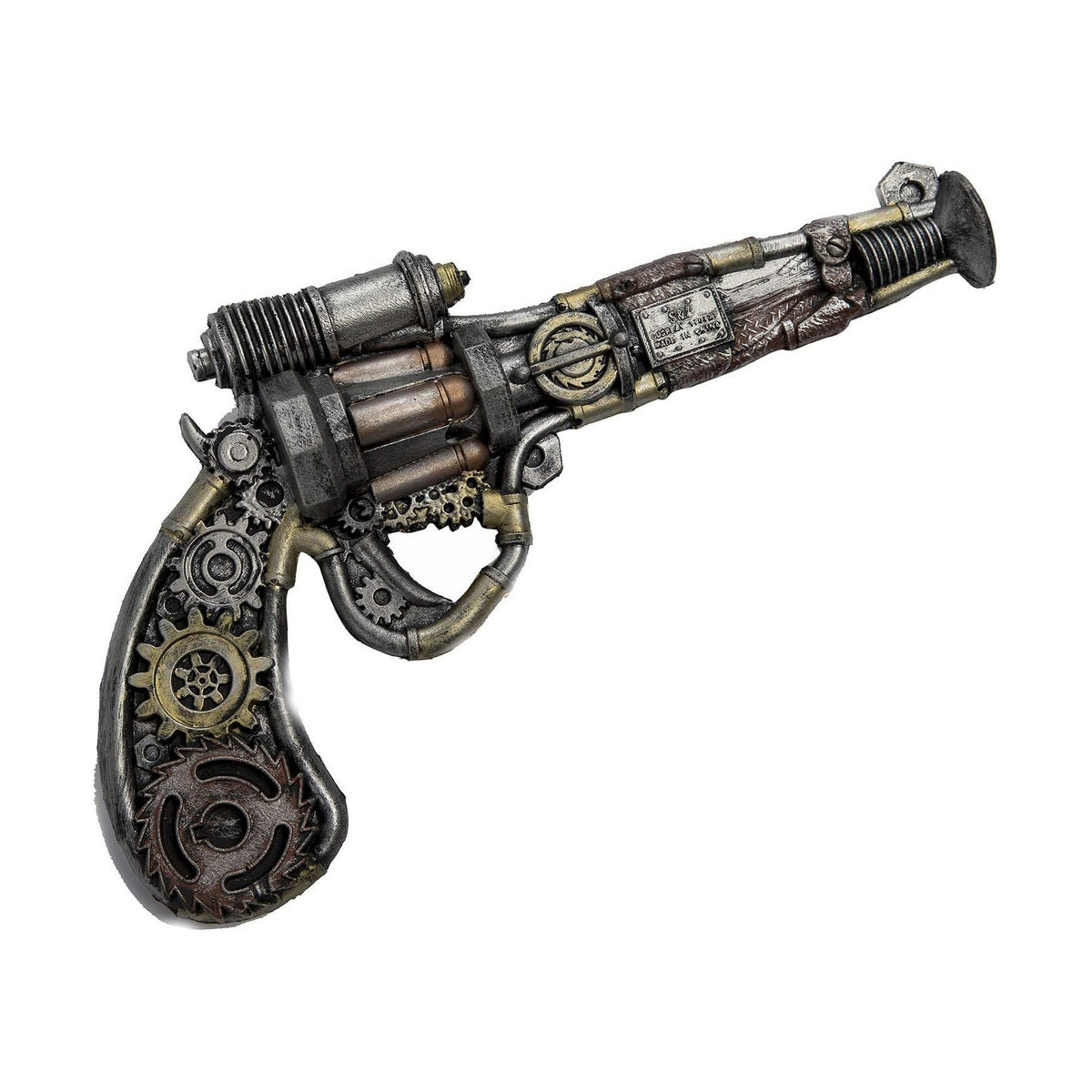 En otroligt detaljerad, men säker, leksakspistol i foam med steampunk-tema, täckt av kugghjul, mätare, rör och slangar.