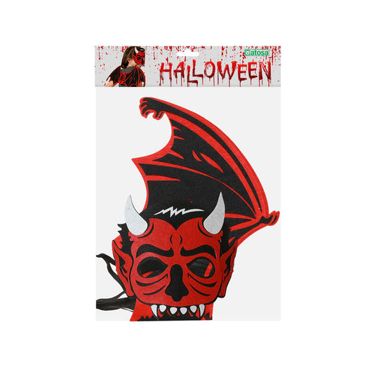Förpackningen till ett Halloween-set med en röd och svart demonmask och ett par vingar.