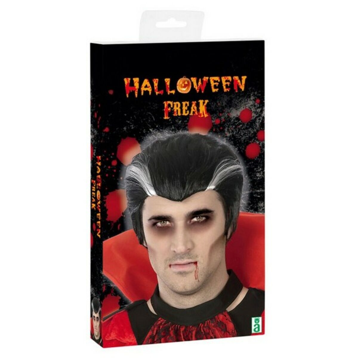 Vampyr med svart-vit peruk poserar på förpackning.