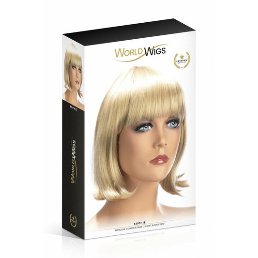 Produktförpackningen för den blonda page-peruken av märket World Wigs, som visar peruken på en skyltdocka.