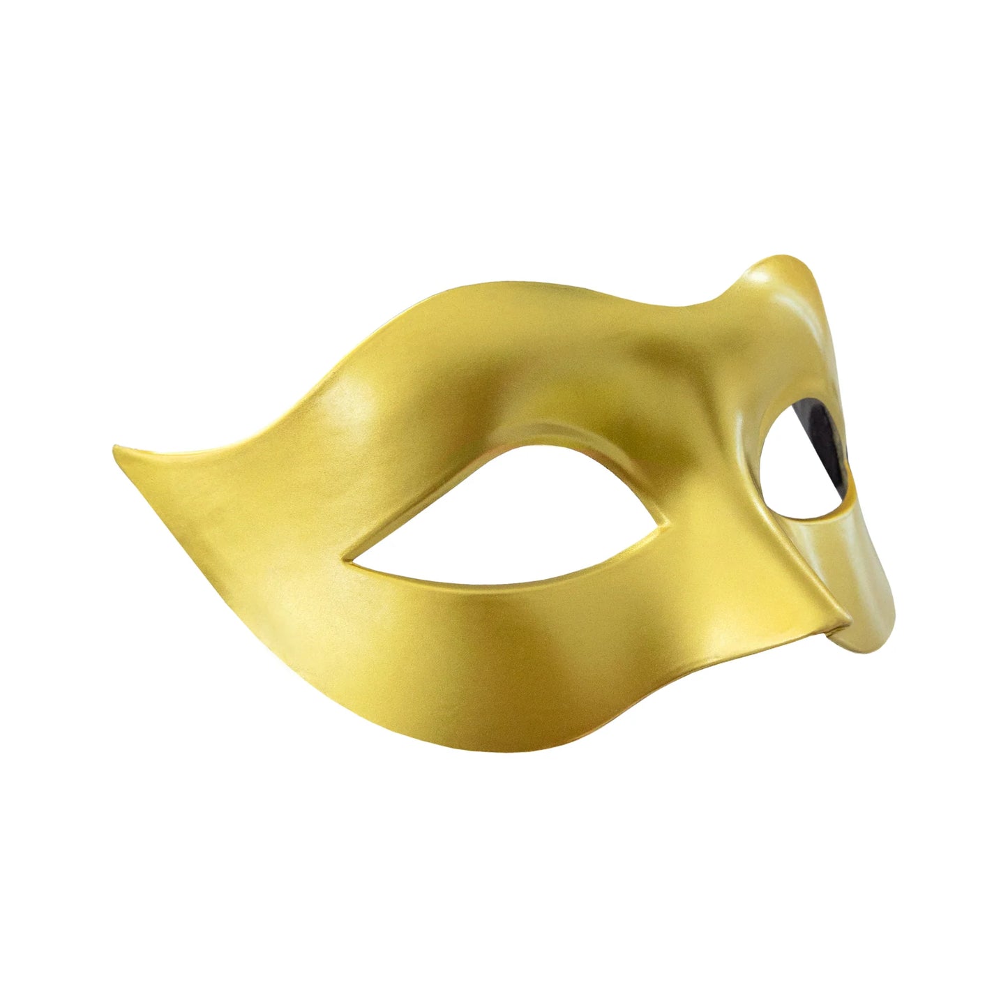 En guldig carnival ögonmask med formad näsdel och mjukt rundad design visas snett mot vit bakgrund.