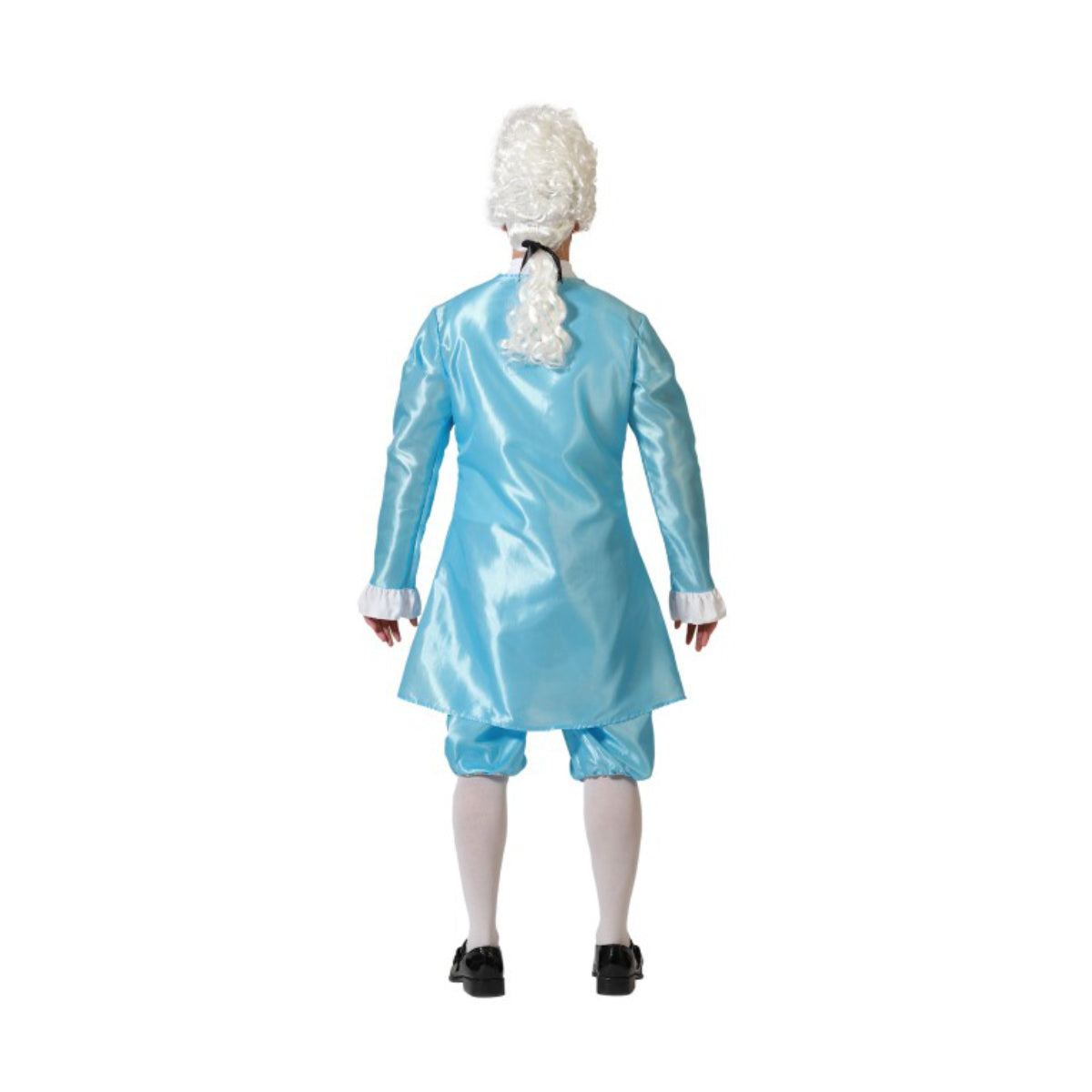 Baksidan av en man i den ljusblå adelsmansdräkten, som visar rockens snitt och perukens hästsvans.