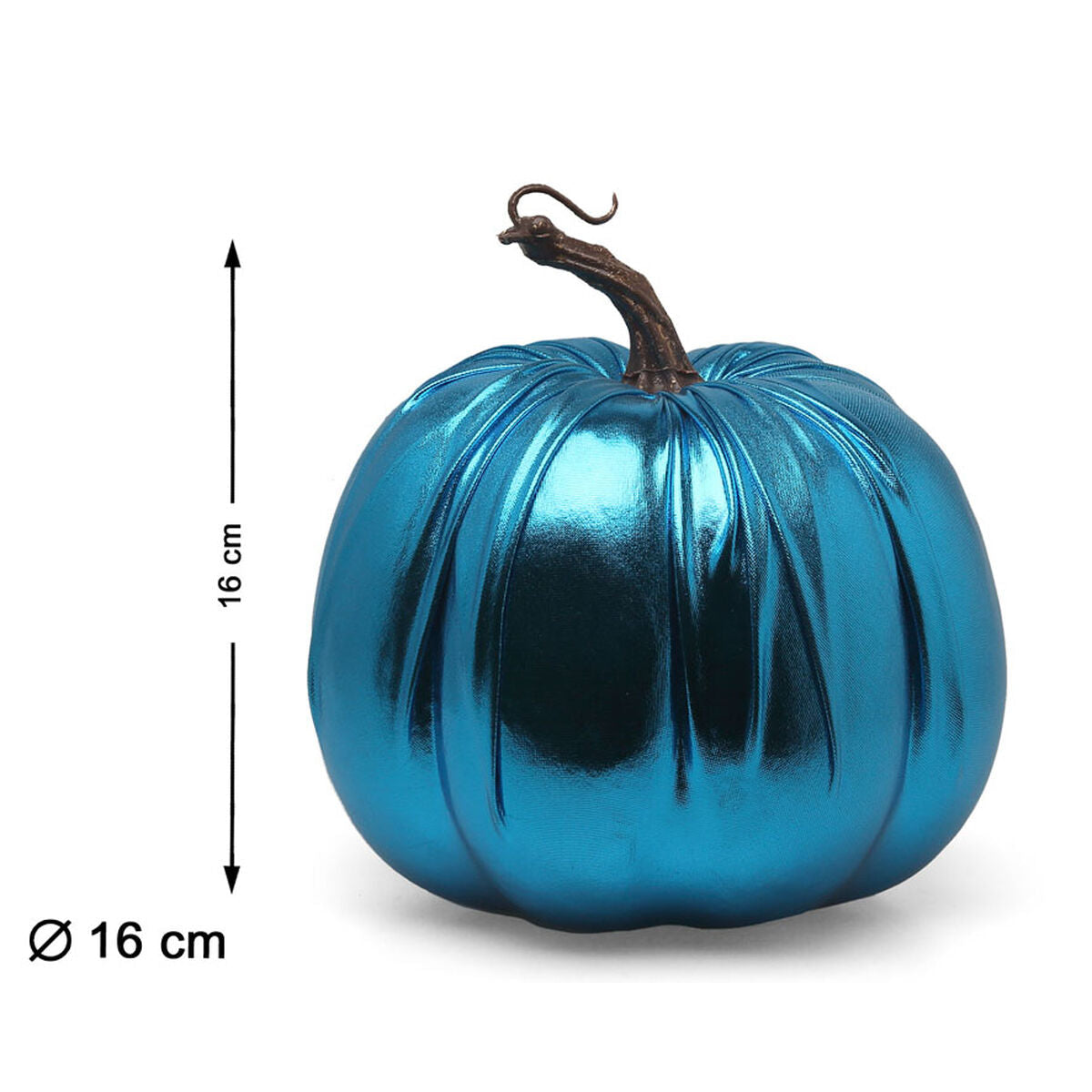 metalliska pumpa med mått som visar en höjd och diameter på 16 cm.