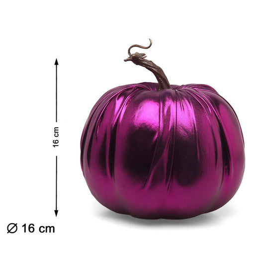 Den lila, metalliska pumpan fotograferad snett framifrån, med mått som visar en höjd och diameter på 16 cm.