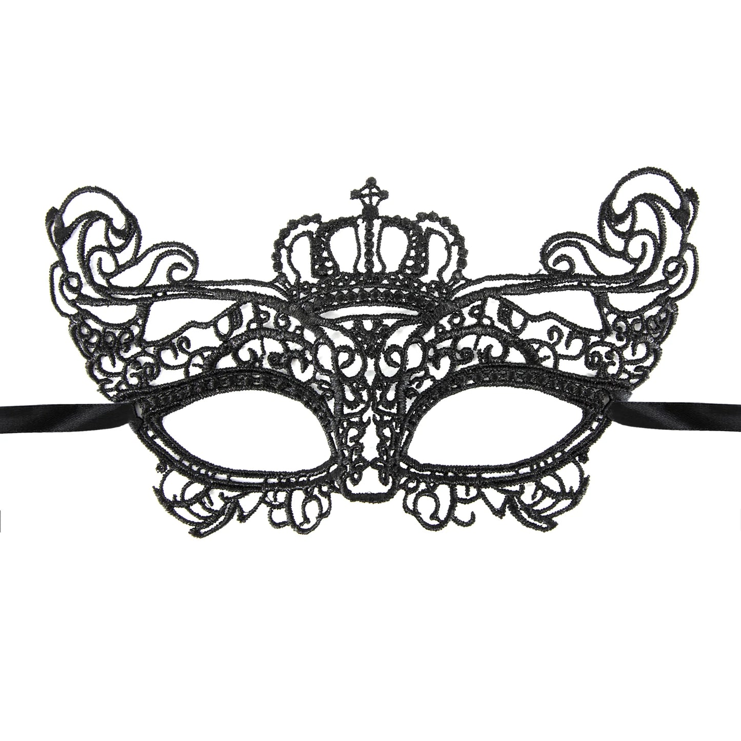 En elegant svart ögonmask i spets med dekorativ krona upptill och svarta knytband mot ljus bakgrund.