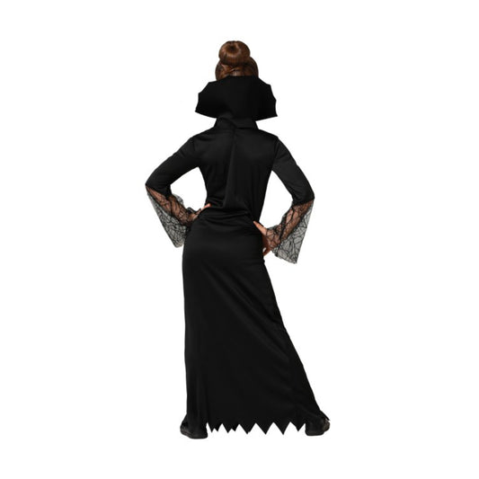 Baksidan av ett barns Svarta Änkan-dräkt, som visar den långa, svarta klänningen och spetsärmarna.