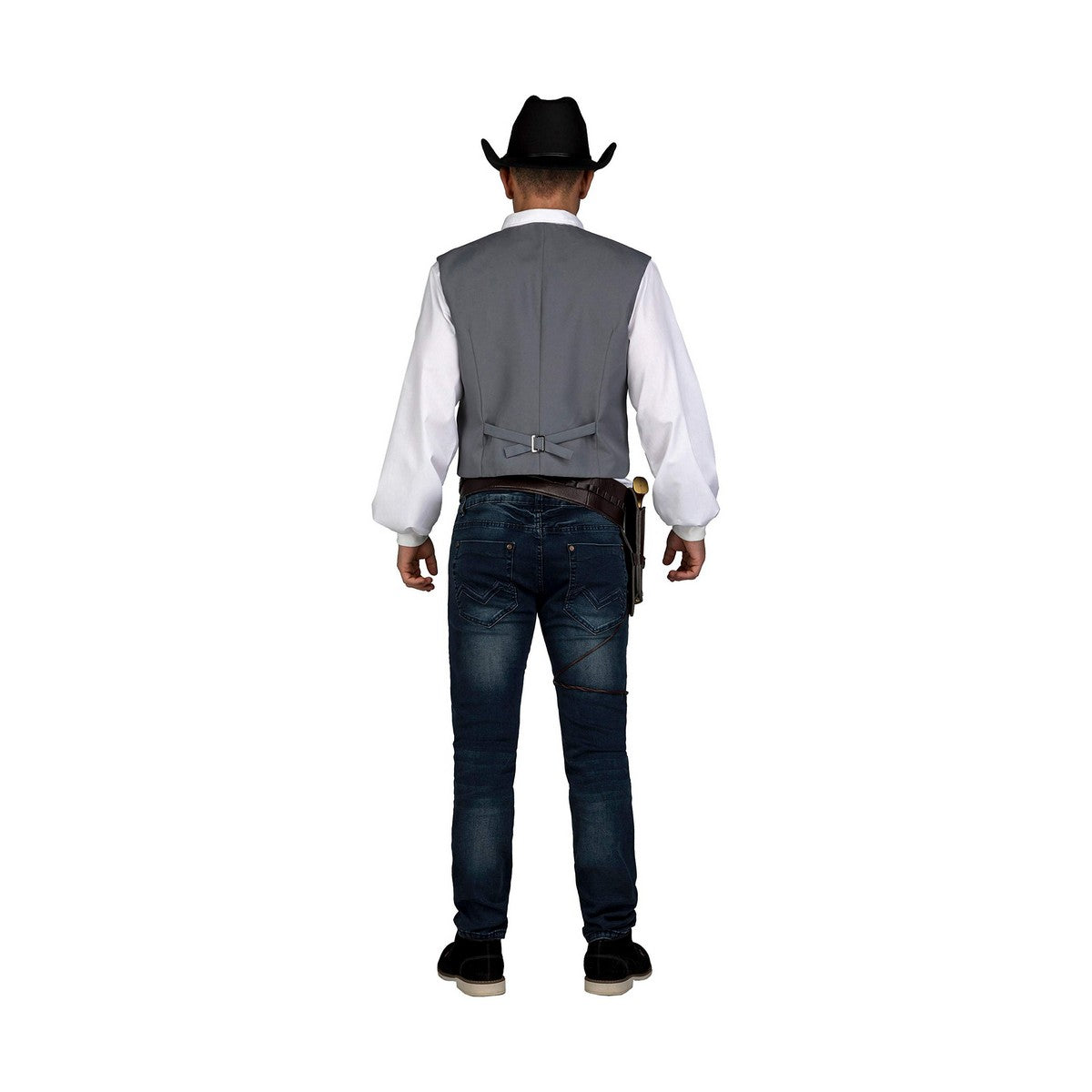 Man sedd bakifrån, klädd i en grå väst över en vit skjorta med puffärmar, med en svart cowboyhatt och ett vapenbälte med hölster.