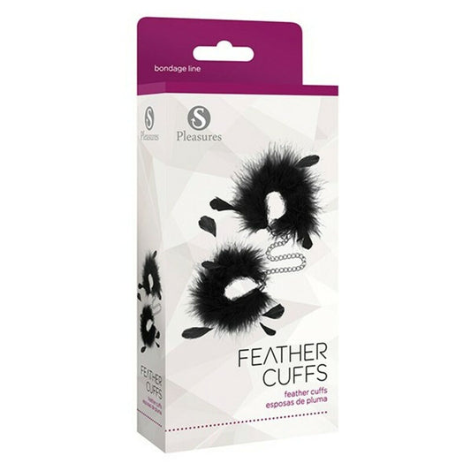 Förpackningen till "Feather Cuffs", som visar de svarta fjäder-handbojorna.