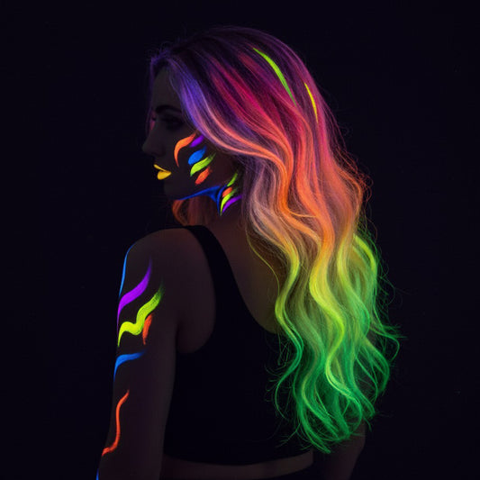 En kvinna med långt hår som lyser i starka neonfärger under UV-ljus.