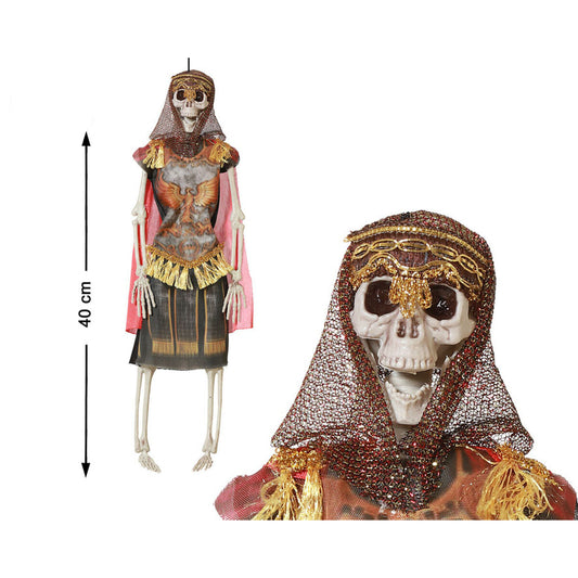 Ett hängande skelett klätt som en fallen gladiator med romersk rustning, som visar dess längd på 40 cm och en närbild på dödskallen.